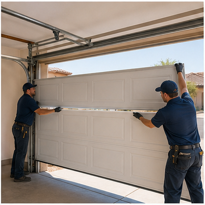 Technicians installing a new garage door