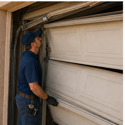 Garage door off track with a technician inspecting the hardware