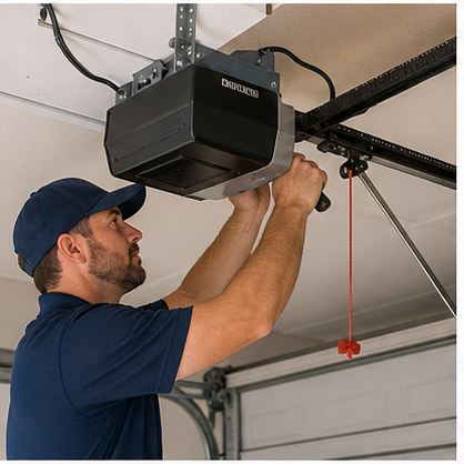 Garage door opener motor and rail being serviced